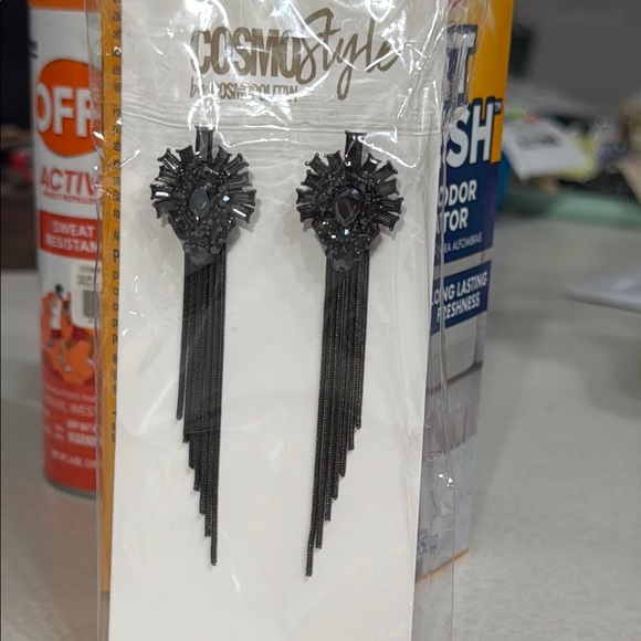 CosmoStyle by Cosmopolitan Black Jeweled Long Dangle Earrings 1920s Retro Chic - Picture 1 of 4